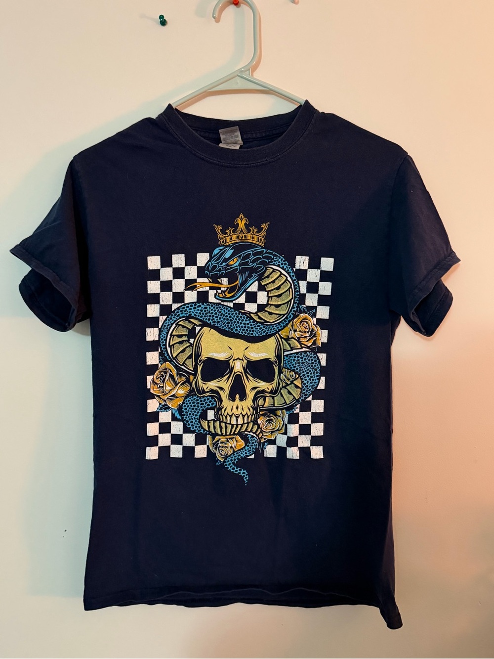Navy Blue Tee with Blue Snake & Yellow Skull Graphic, Checkered Print